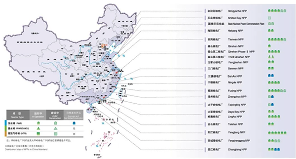 中國核電站分布示意圖