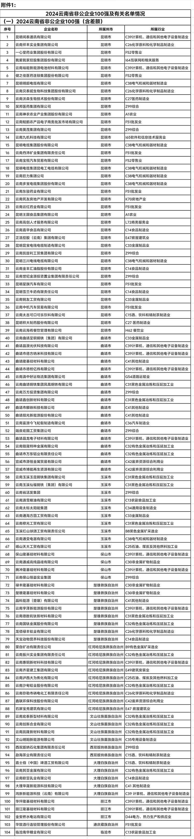 《2024云南省非公企業100強》完整榜單